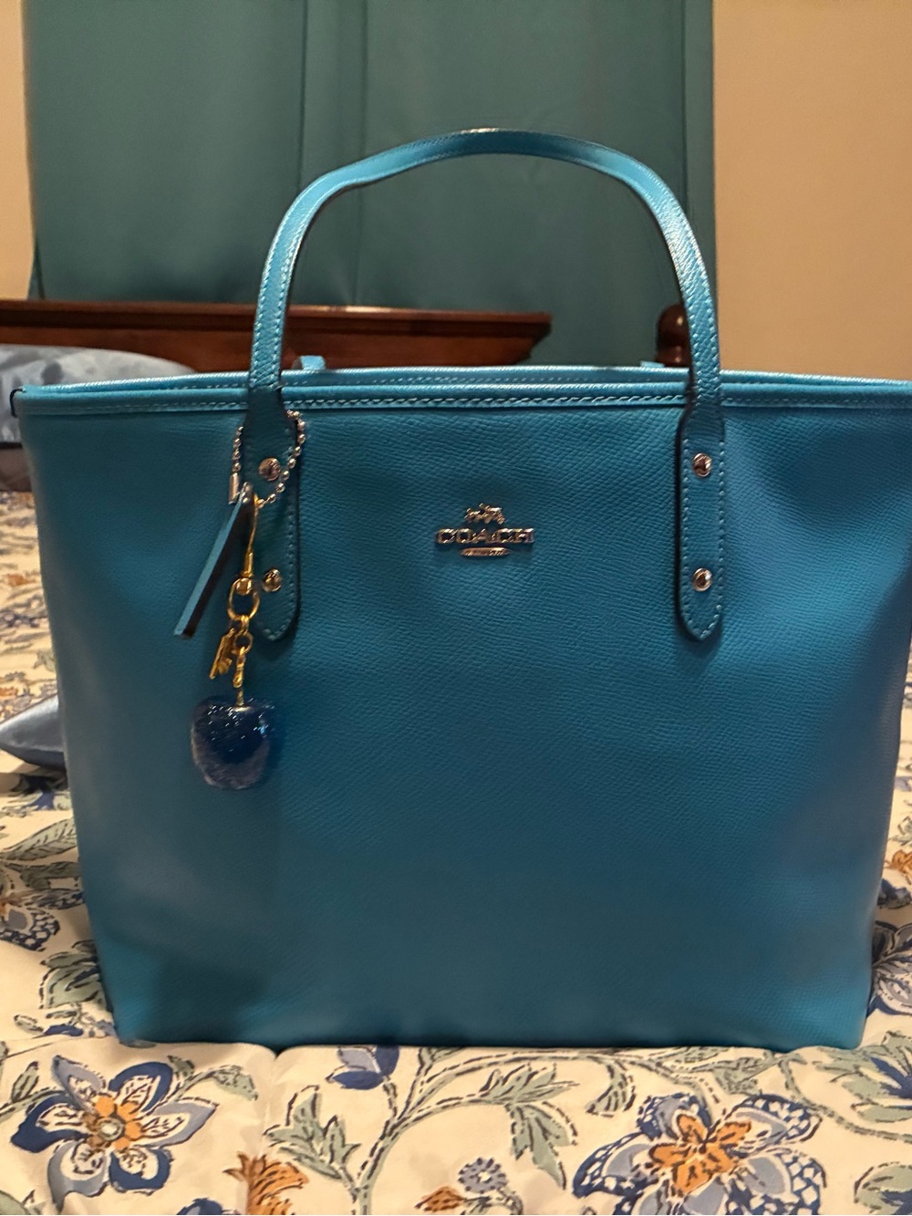 Coach blue Leather Tote with apple charm